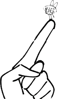 Digital art of a closed hand with the index finger raised out. Melody, a cartoon fly, stands on the fingertip.