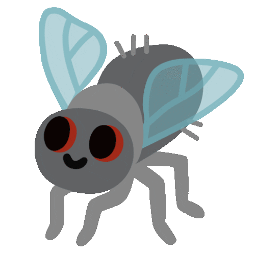 Digital art of a closed hand with the index finger raised out. Melody, a cartoon fly, stands on the fingertip.